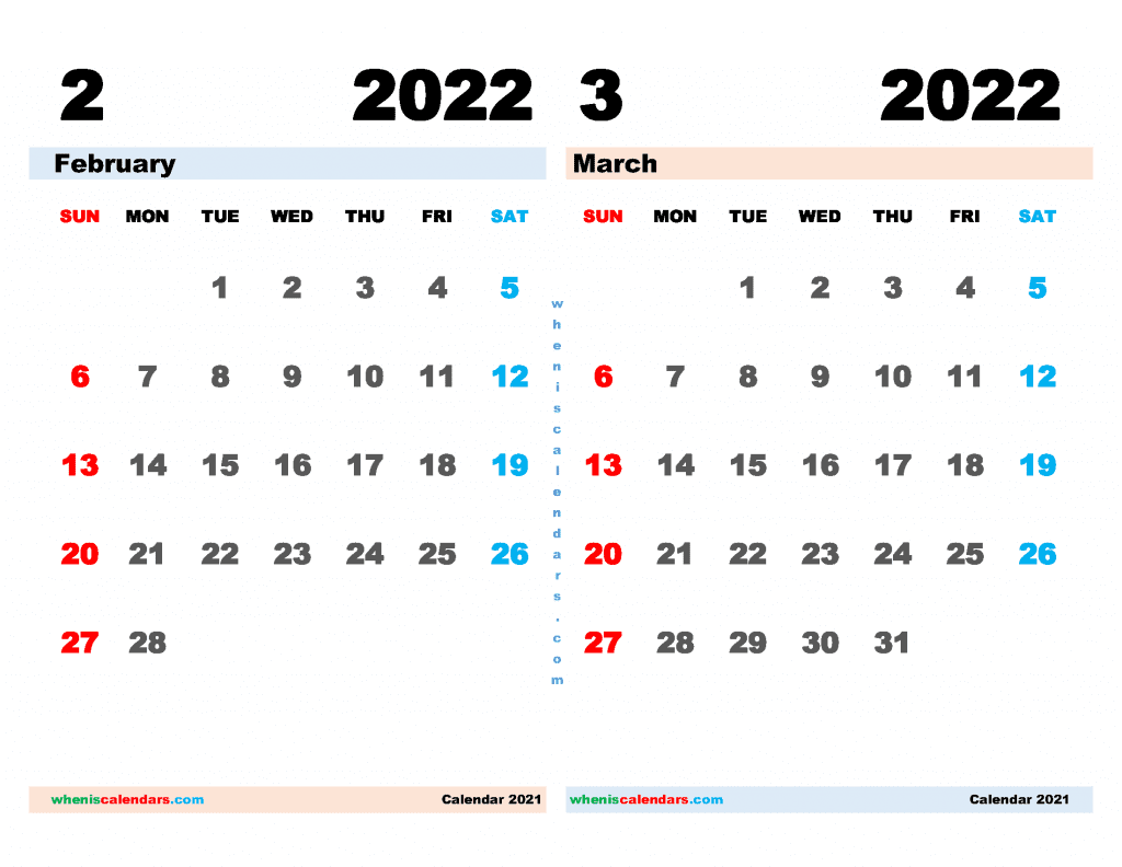 Free February March 2022 Calendar Printable PDF
