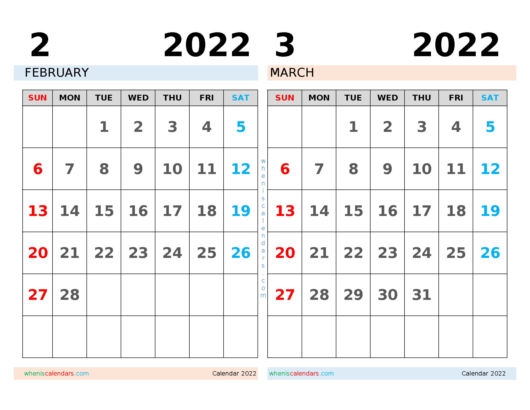 Free February March 2022 Calendar Printable Pdf