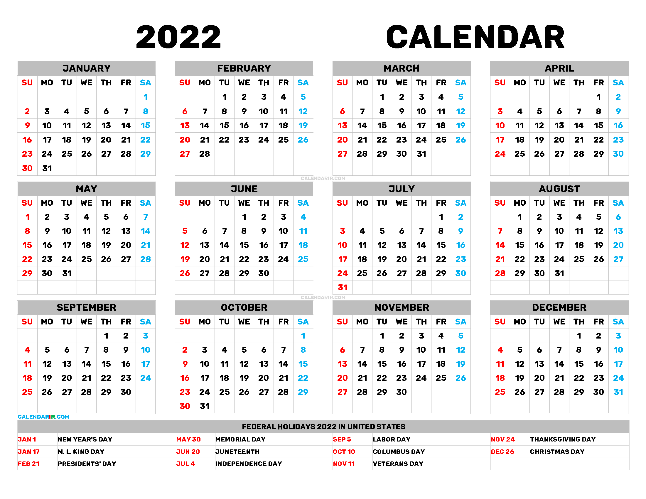 Holiday 2022 Calendar Download Free Printable Yearly Calendar 2022 Pdf, Png