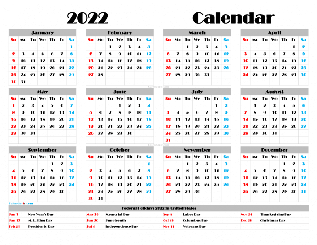 Free 2022 Calendar Template Download Free Printable Yearly Calendar 2022 Pdf, Png