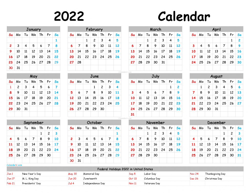 Free Printable Yearly Calendar 2022 with Holidays as PDF and Image