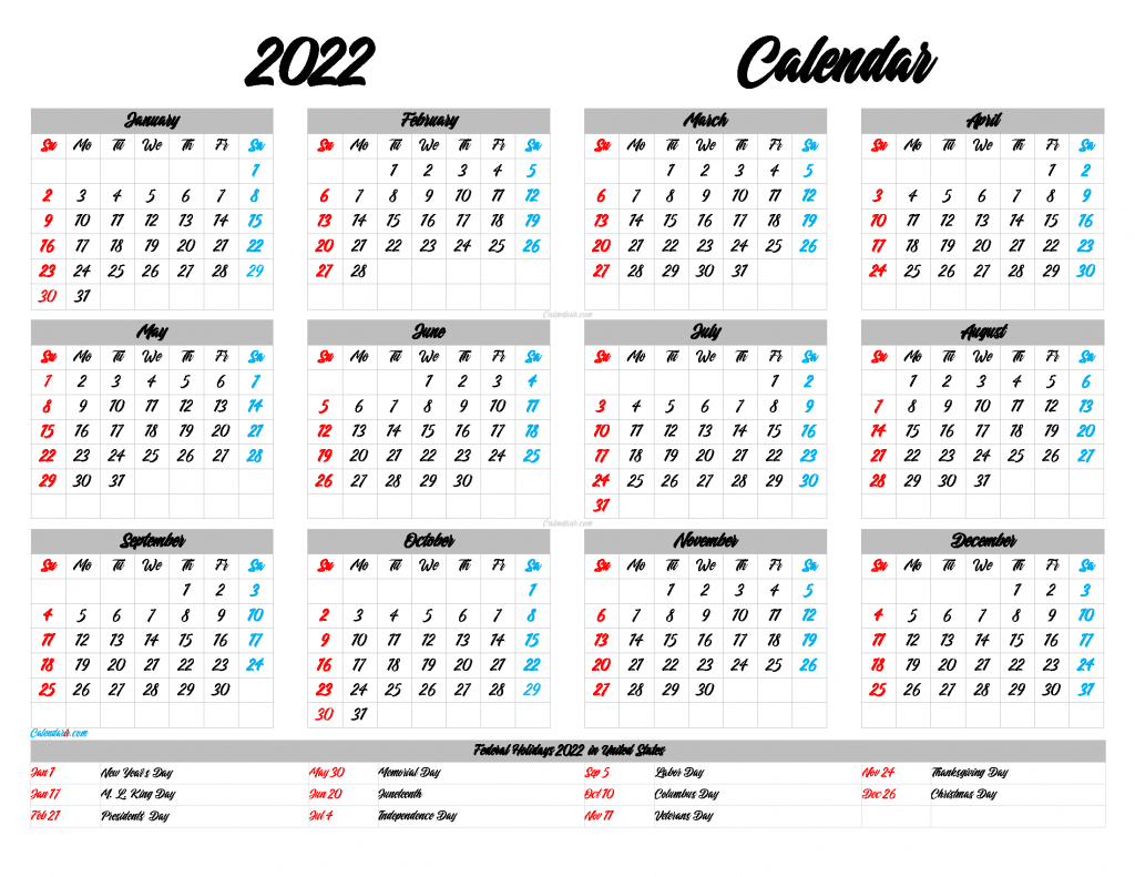 Download Free Printable Yearly Calendar 2022 Pdf, Png