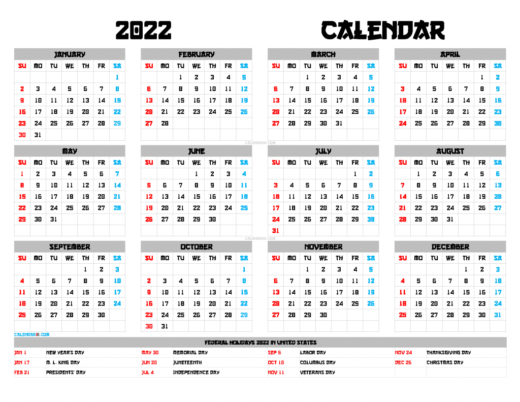 Free Printable Yearly Calendar 2022 with Holidays as PDF and Image