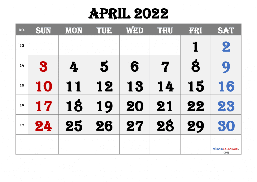 Download Free Printable Calendar April 2022 with Week Numbers as PDF document and high resolution Image