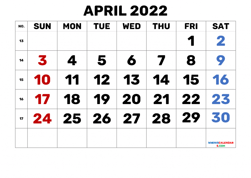 Download Free Printable Calendar April 2022 with Week Numbers as PDF document and high resolution Image