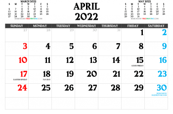 Free Printable April 2022 Calendar PDF PNG Image