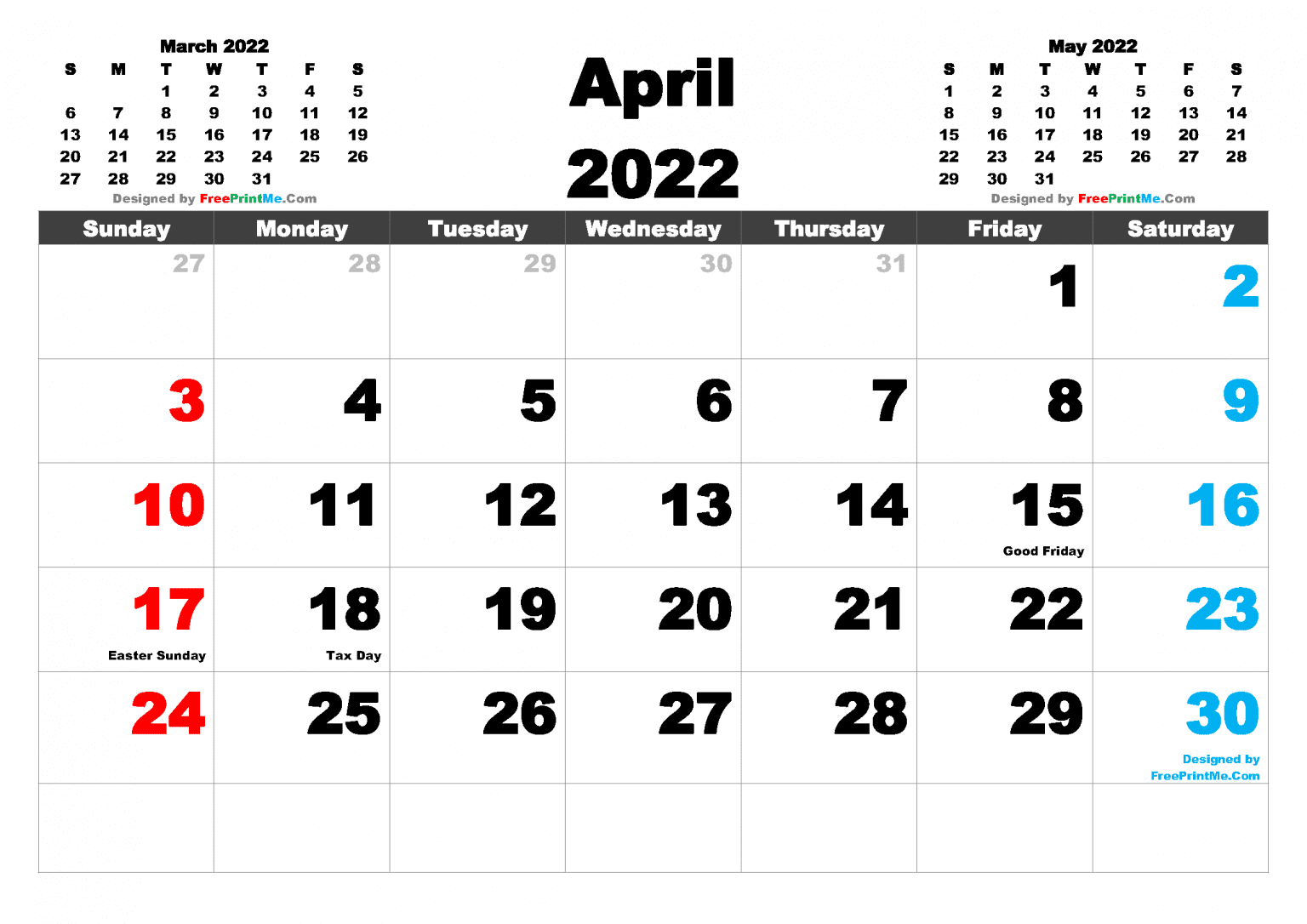 Free Printable April 2022 Calendar PDF PNG Image