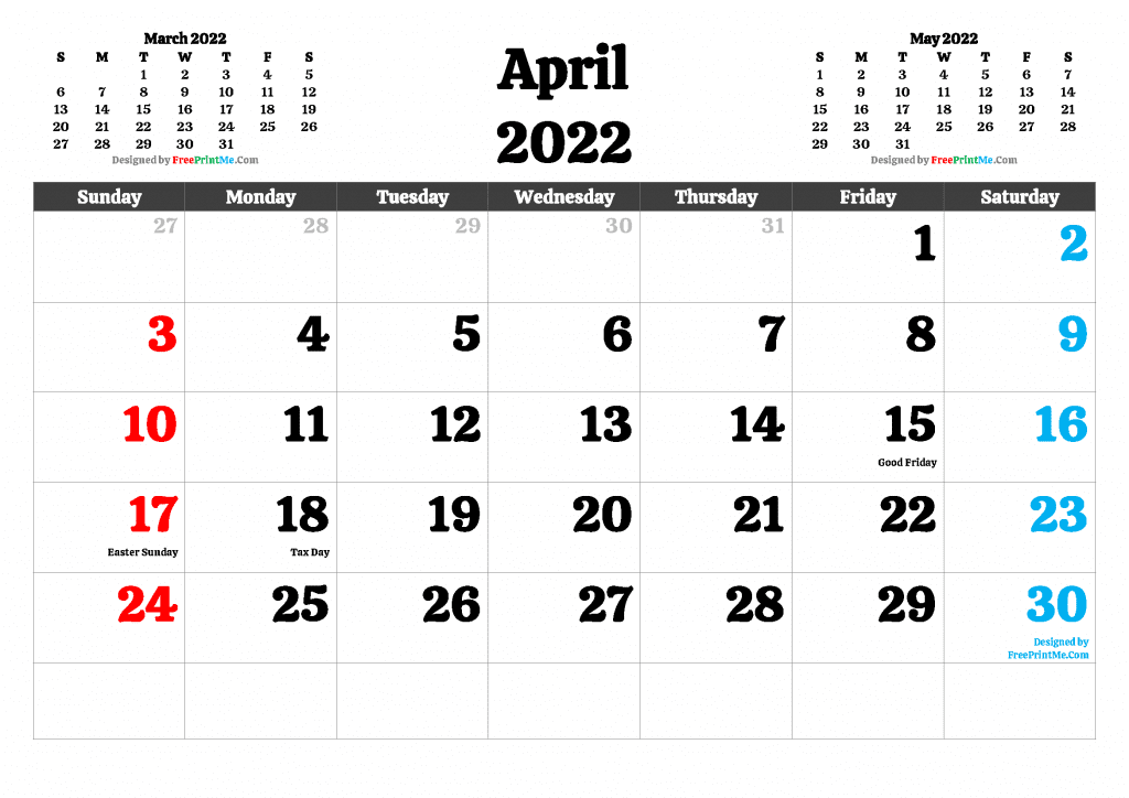 Download Printable April 2022 Calendar with Holidays as PDF PNG and Image