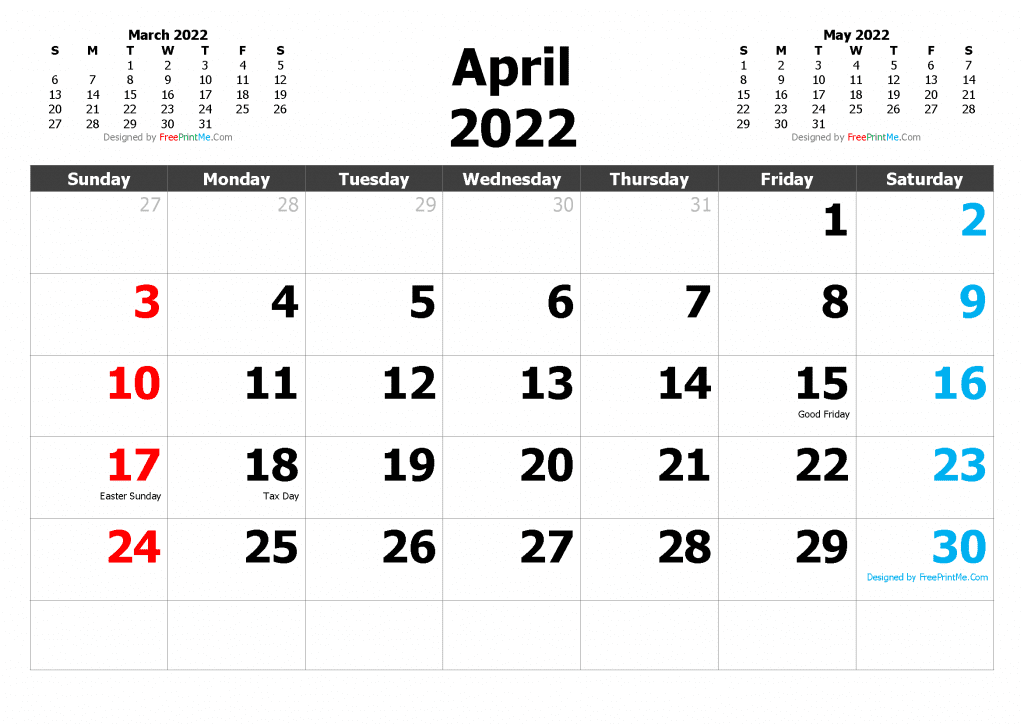 Free Printable April 2022 Calendar with Holidays PDF PNG Image