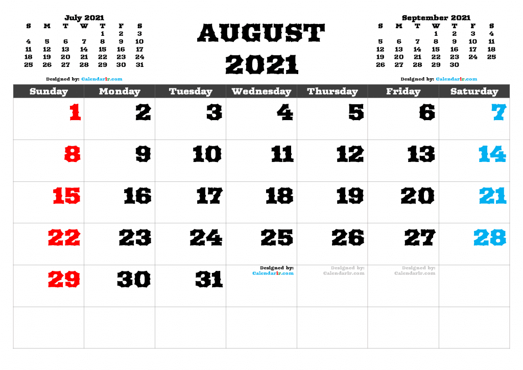 Free Printable August 2021 Calendar with Holidays as PDF and high resolutions PNG Image