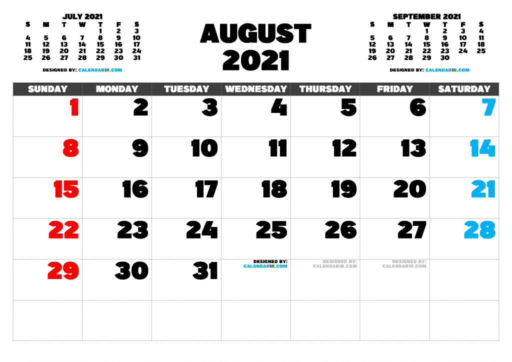 Free Printable August 2021 Calendar with Holidays as PDF and high resolutions PNG Image