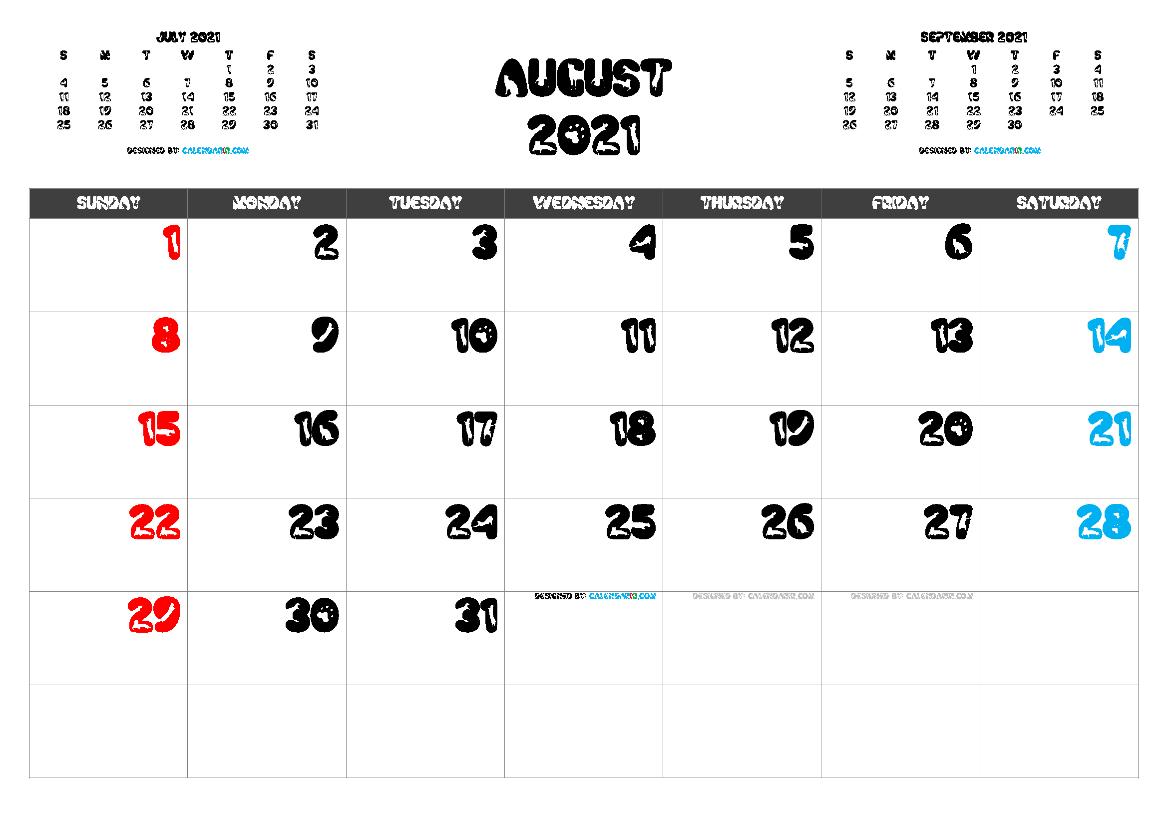 Free Printable August 2021 Calendar With Holidays