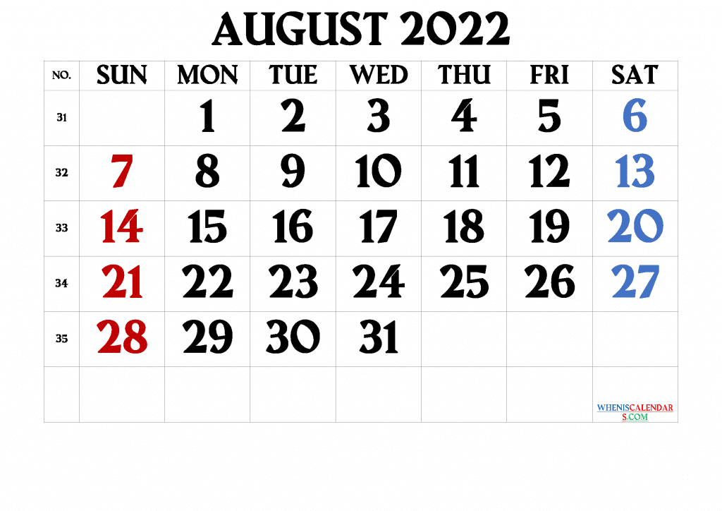 Download Free Blank Calendar August 2022