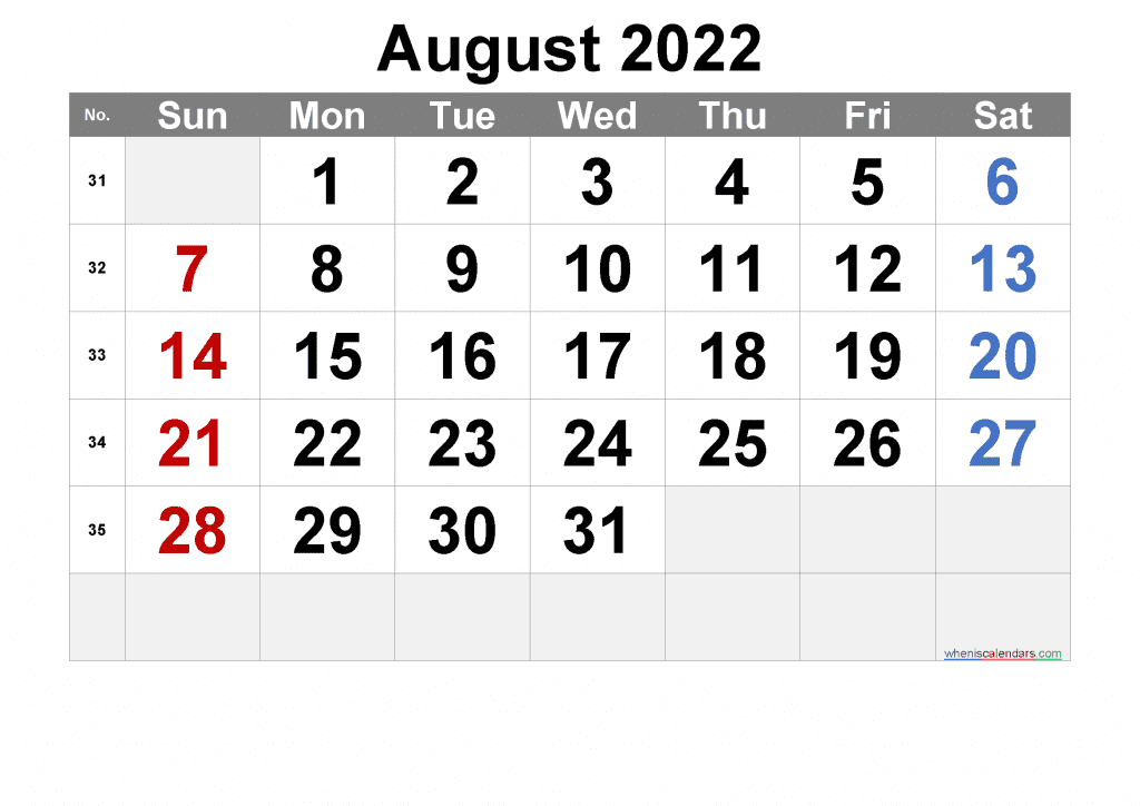Free Printable Calendar August 2022 with Week Numbers as PDF document and high resolution Image