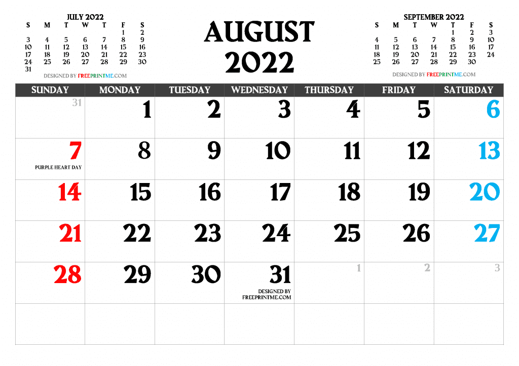 Free Printable August 2022 Calendar  - Free Printable 2022 Monthly Calendar with Holidays as PDF and PNG Image