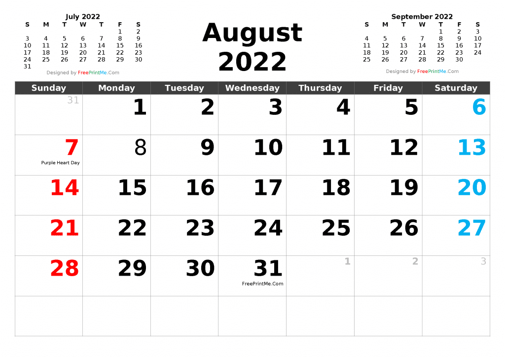 Free Printable August 2022 Calendar PDF PNG Image