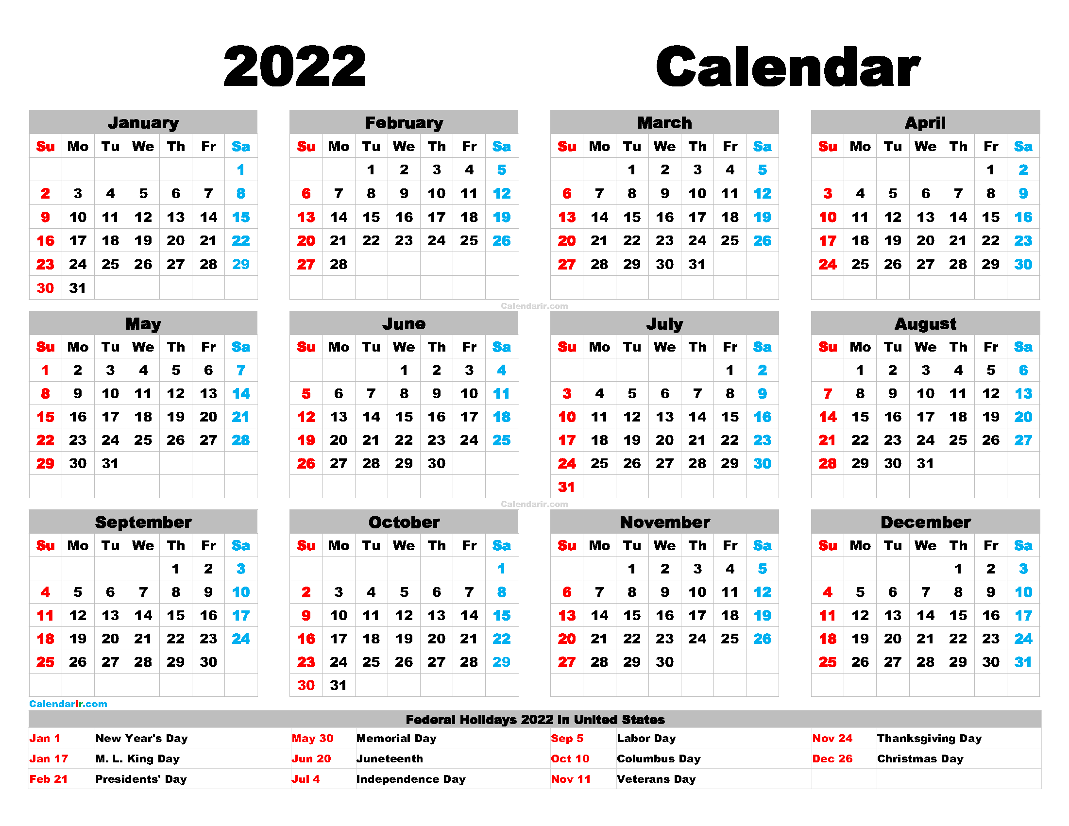 Free Downloadable 2022 Calendar Download Free Printable Yearly Calendar 2022 Pdf, Png