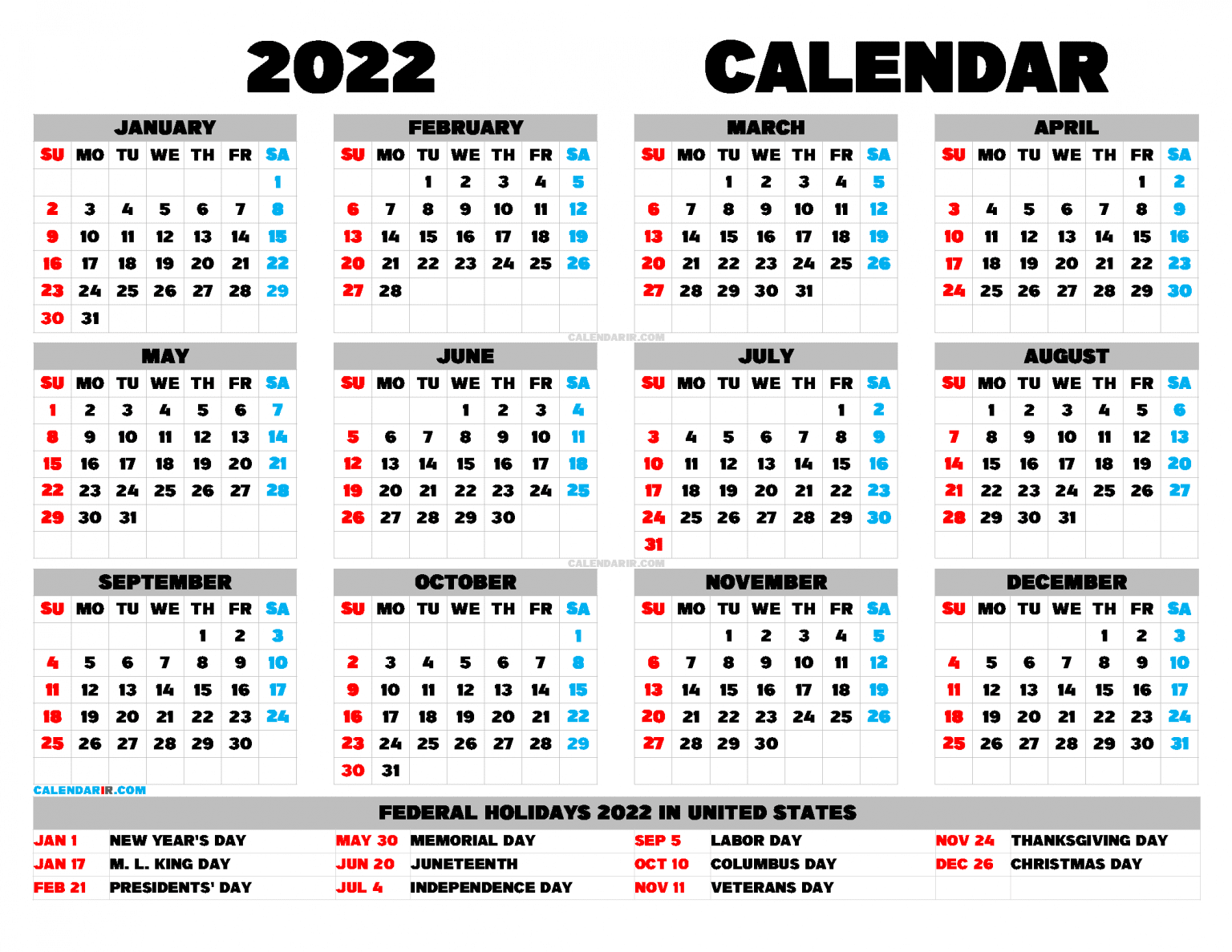 Download Free Printable Yearly Calendar 2022 PDF, PNG