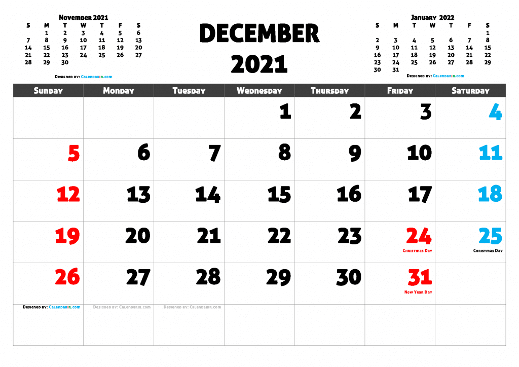 Free Printable December 2021 Calendar with Holidays as PDF and high resolutions PNG Image