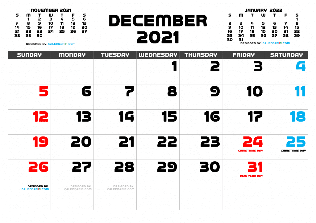 Free Printable December 2021 Calendar with Holidays as PDF and high resolutions PNG Image