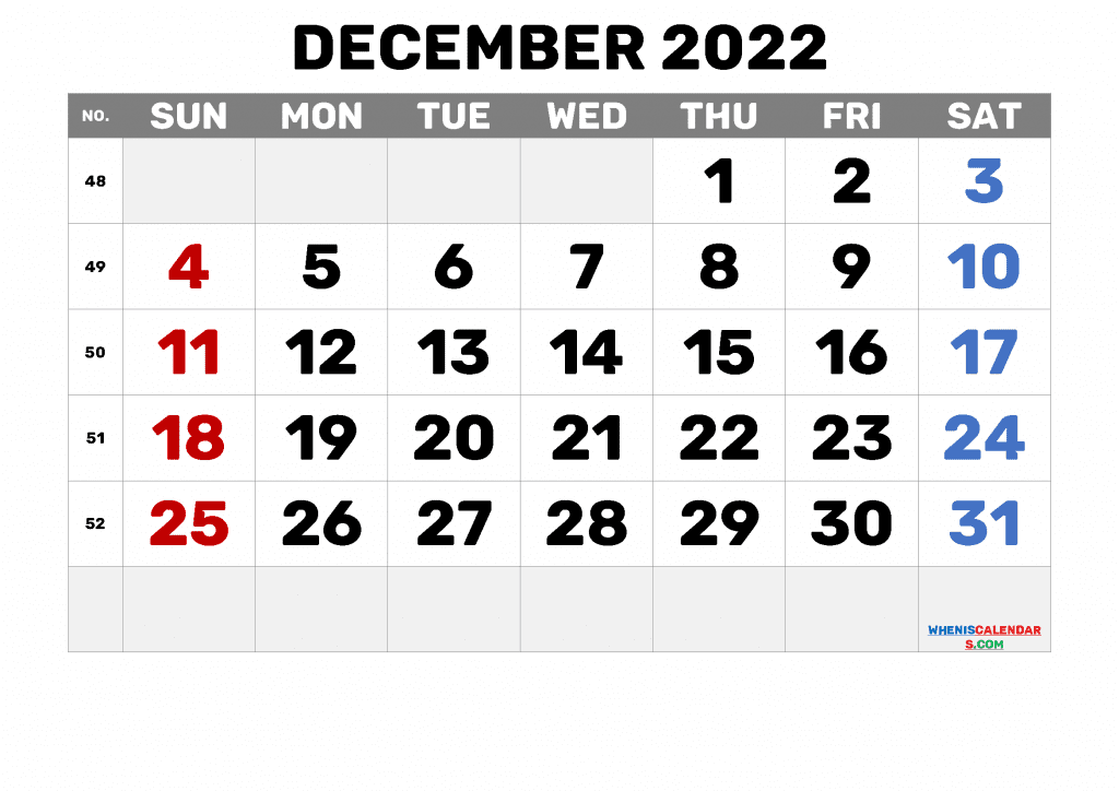 Free Printable Calendar December 2022 with Week Numbers as PDF and high quality Image (landscape format and print with A3, A4)
