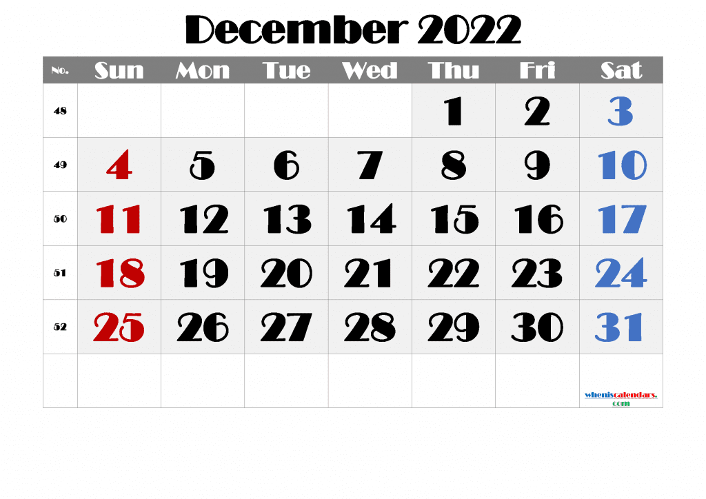 Free December 2022 Calendar Printable PDF, Image