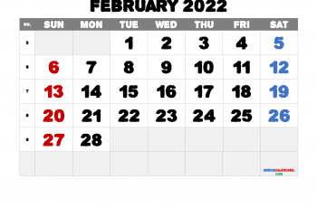 Free Printable Calendar February 2022 as PDF document and hign resolution Image