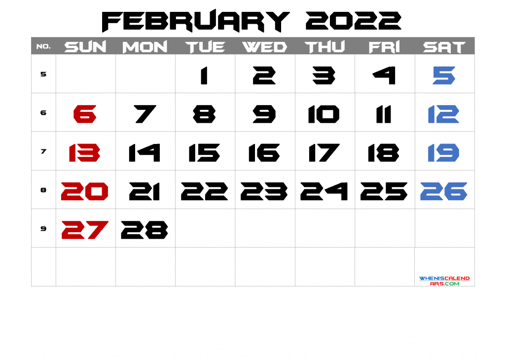 Free Printable Blank Calendar February 2022 as PDF document and hign resolution Image