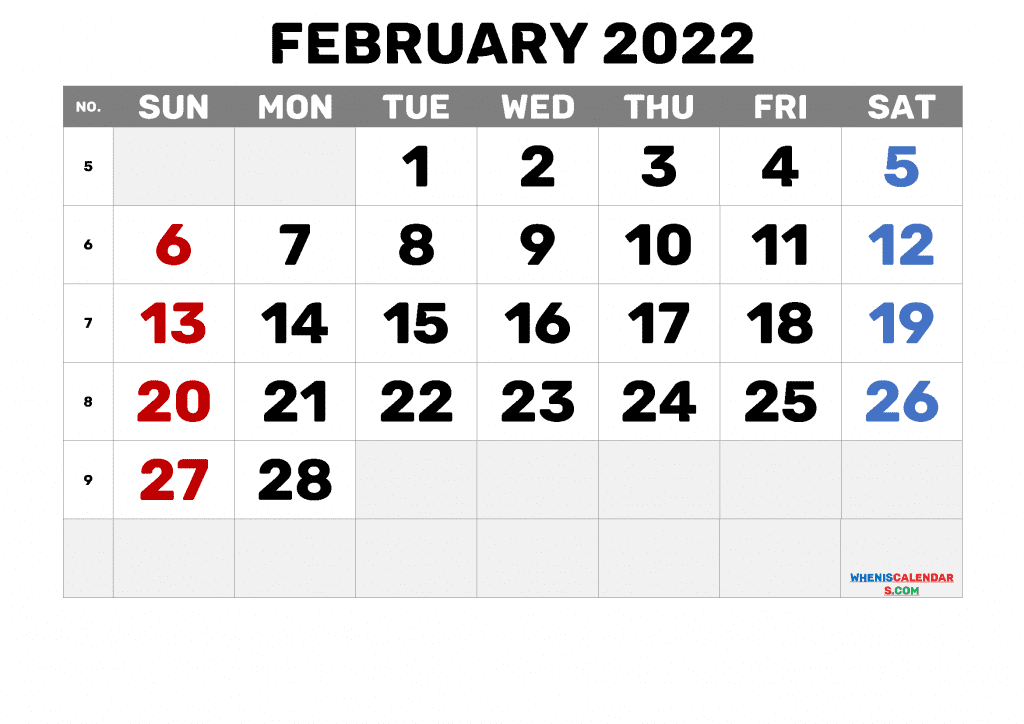 Free Printable Calendar February 2022 as PDF document and hign resolution Image