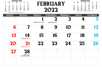 Download Printable February 2022 Calendar - Free Printable 2022 Monthly Calendar with Holidays PDF and PNG Image