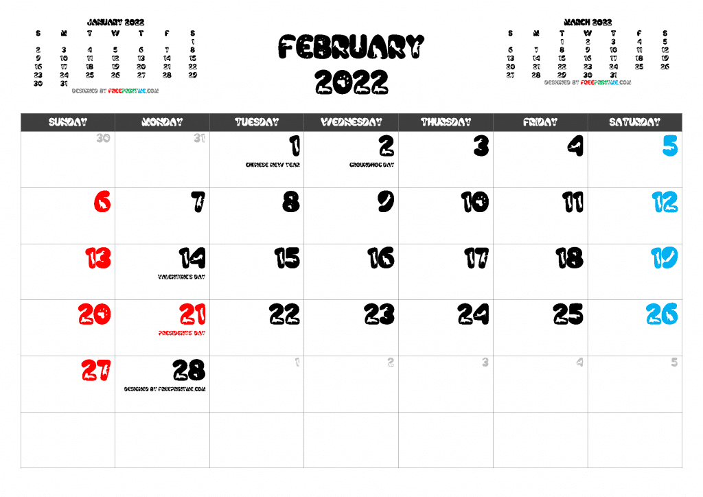Free Printable February 2022 Calendar with Holidays PDF and PNG Image