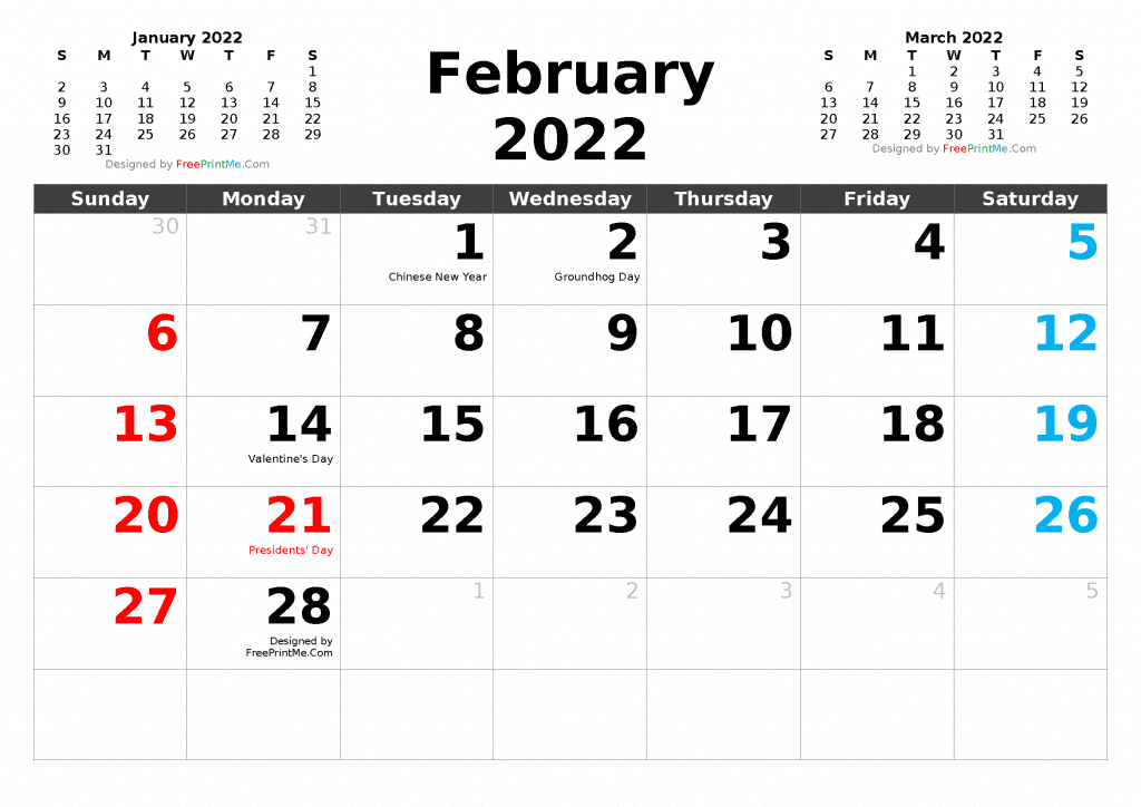 Free Printable February 2022 Calendar with Holidays as PDF and PNG Image