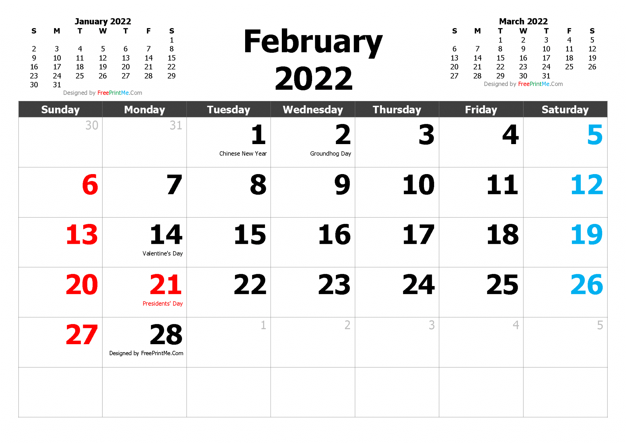 February 2022 Calendar With Holidays Printable - Printable Word Searches