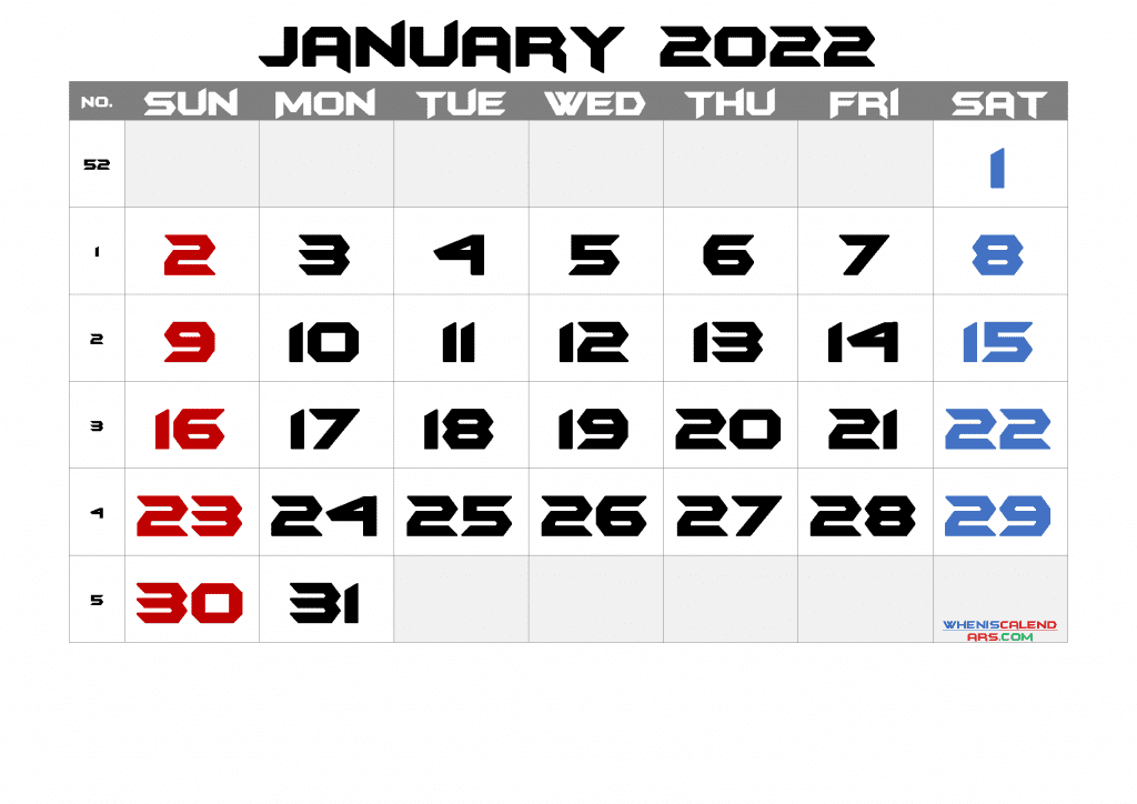 Download Free Printable Blank Calendar January 2022 as PDF and high quality Image
