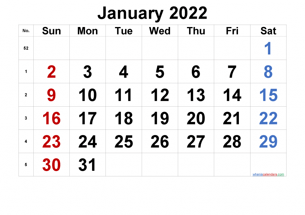 Free Printable Calendar January 2022 with Week Numbers