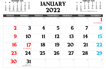 Free January 2022 Calendar Printable PDF
