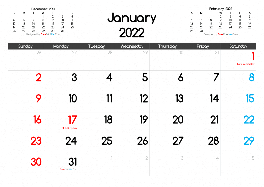 Download Printable January 2022 Calendar with Holidays as PDF and PNG Image