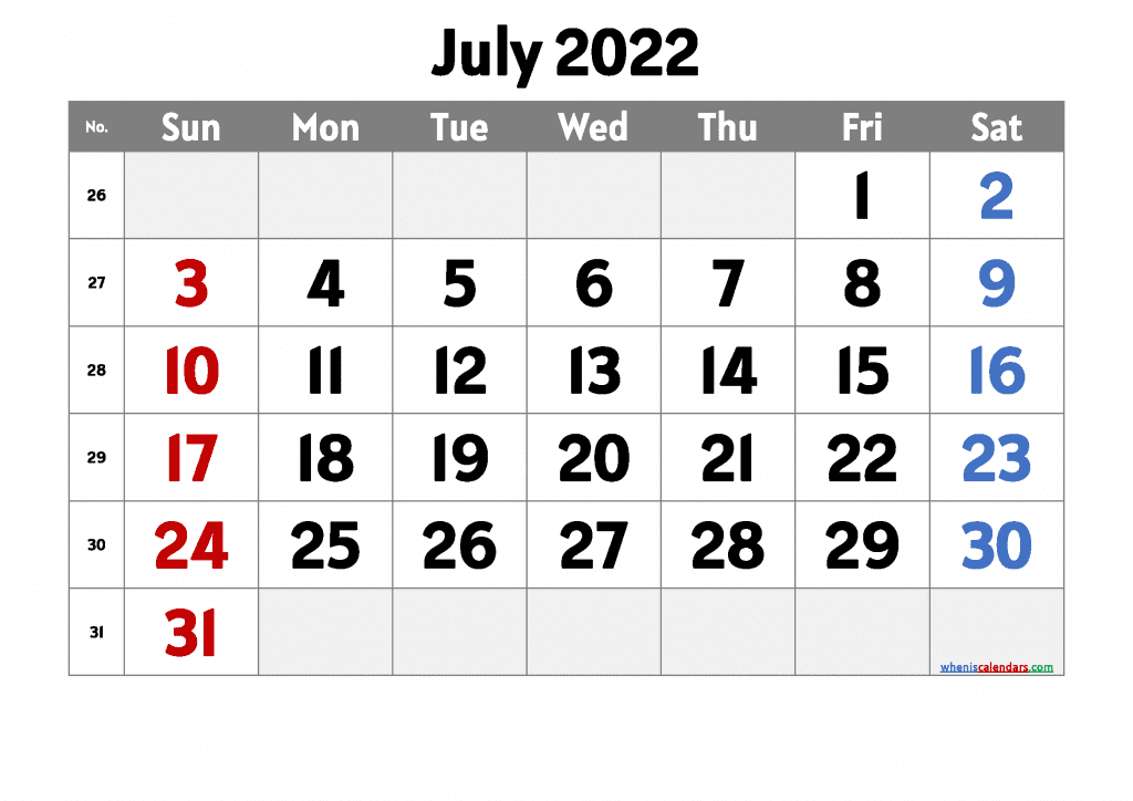 Download Free July 2022 Calendar Printable with Week Numbers as PDF and Image