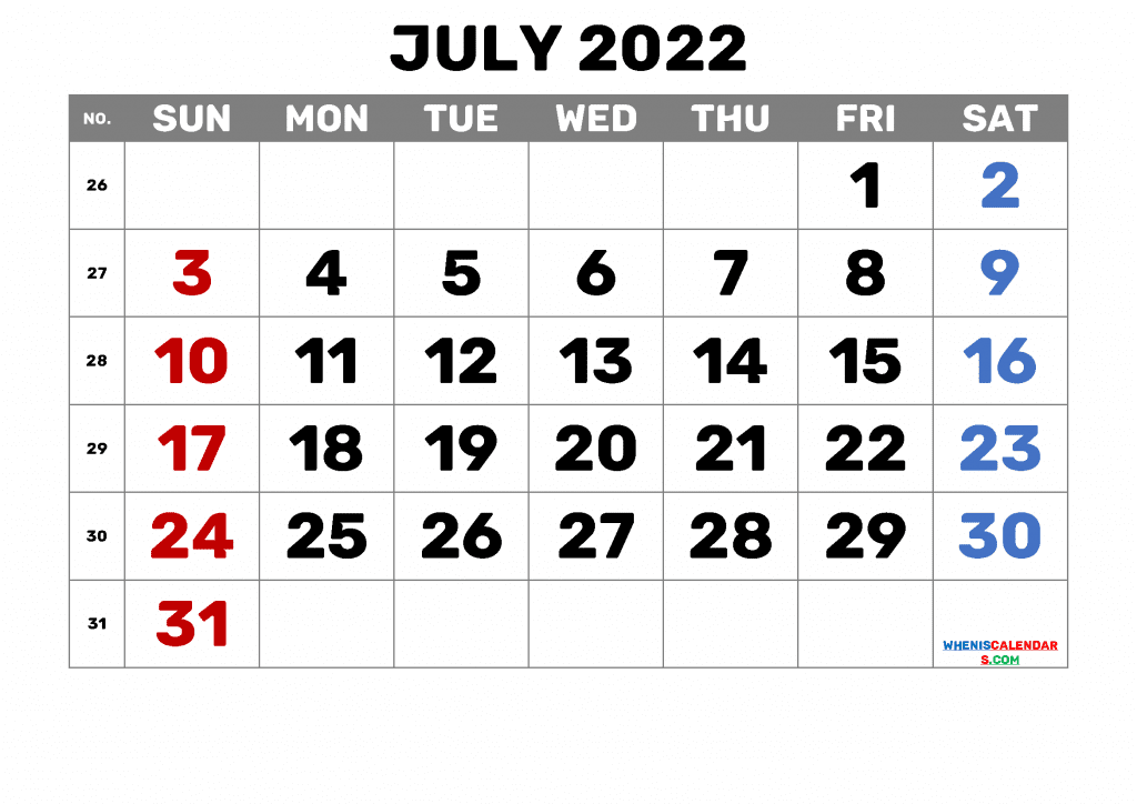 Download Free Blank Calendar July 2022