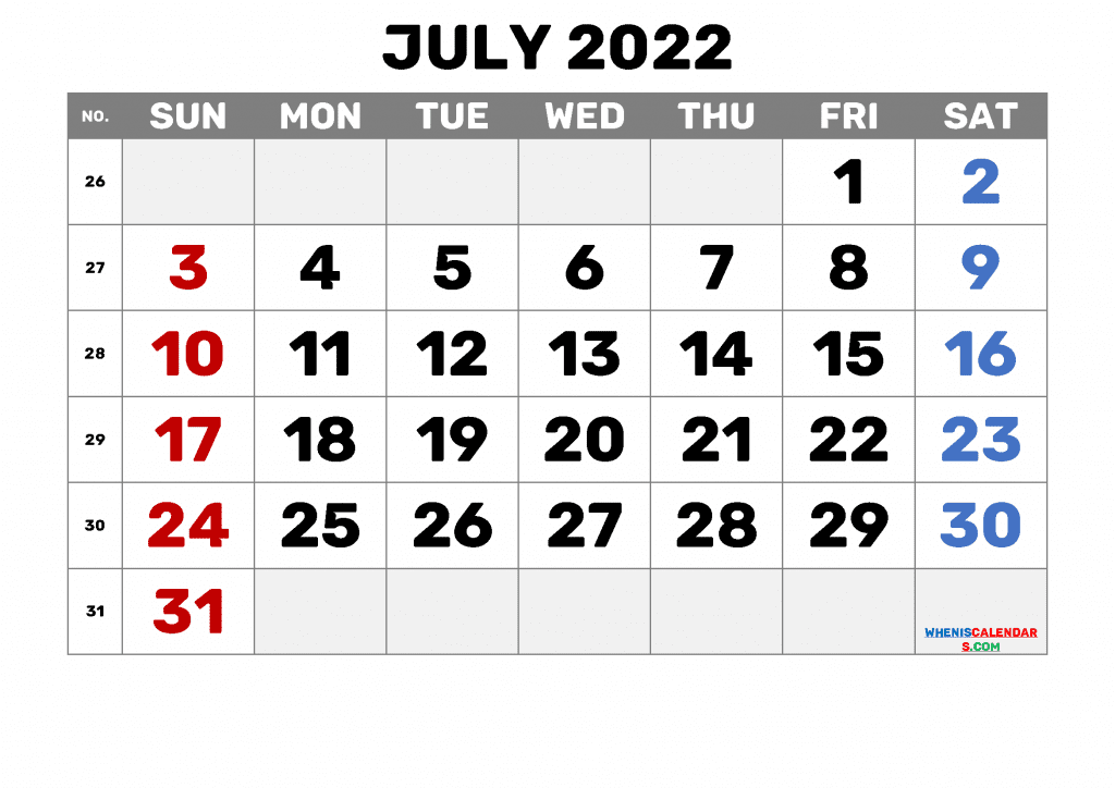 Download Free Printable Calendar July 2022 with Week Numbers as PDF and Image