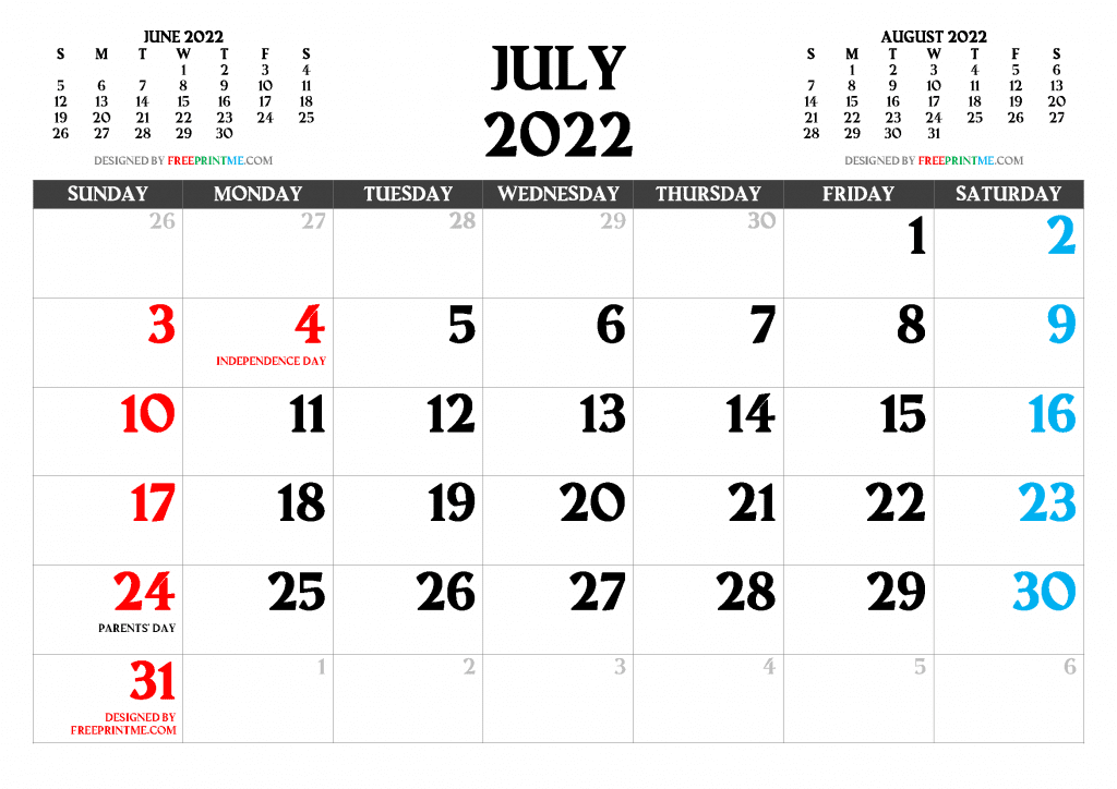 Free Printable July 2022 Calendar with Holidays as PDF and PNG Image