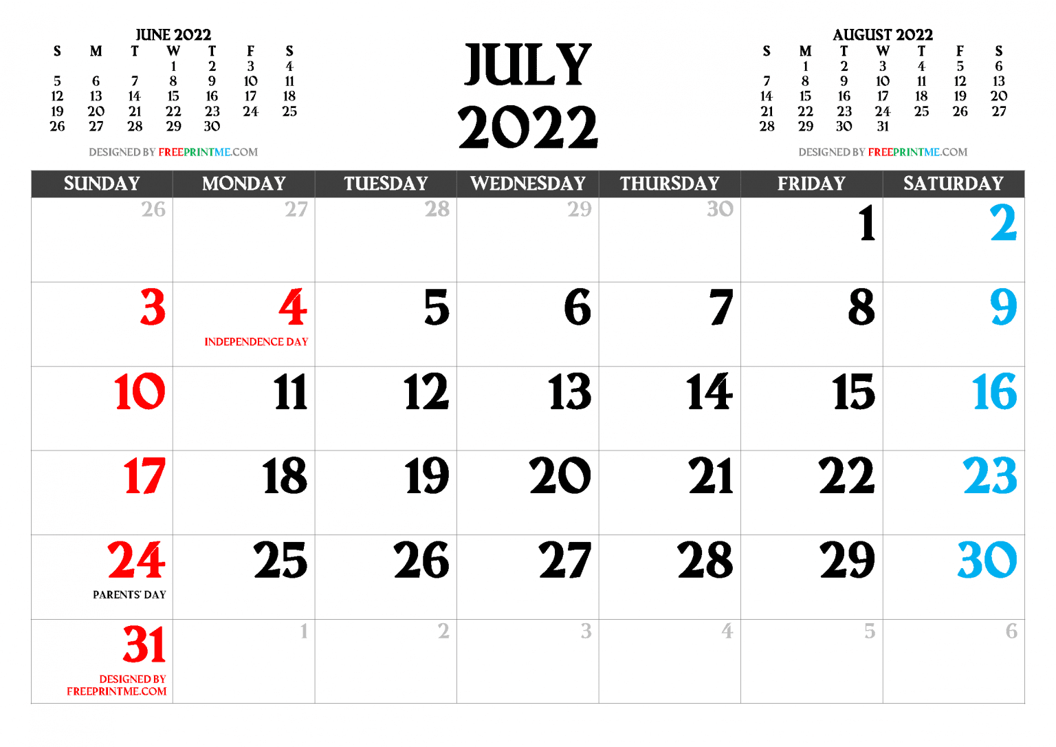 Free Printable July 2022 Calendar PDF PNG Image