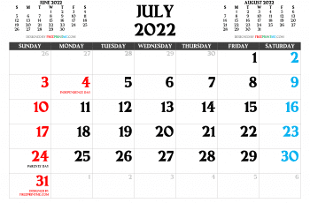 Free Printable July 2022 Calendar with Holidays as PDF and PNG Image