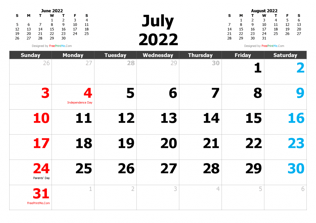 Free Printable July 2022 Calendar PDF PNG Image