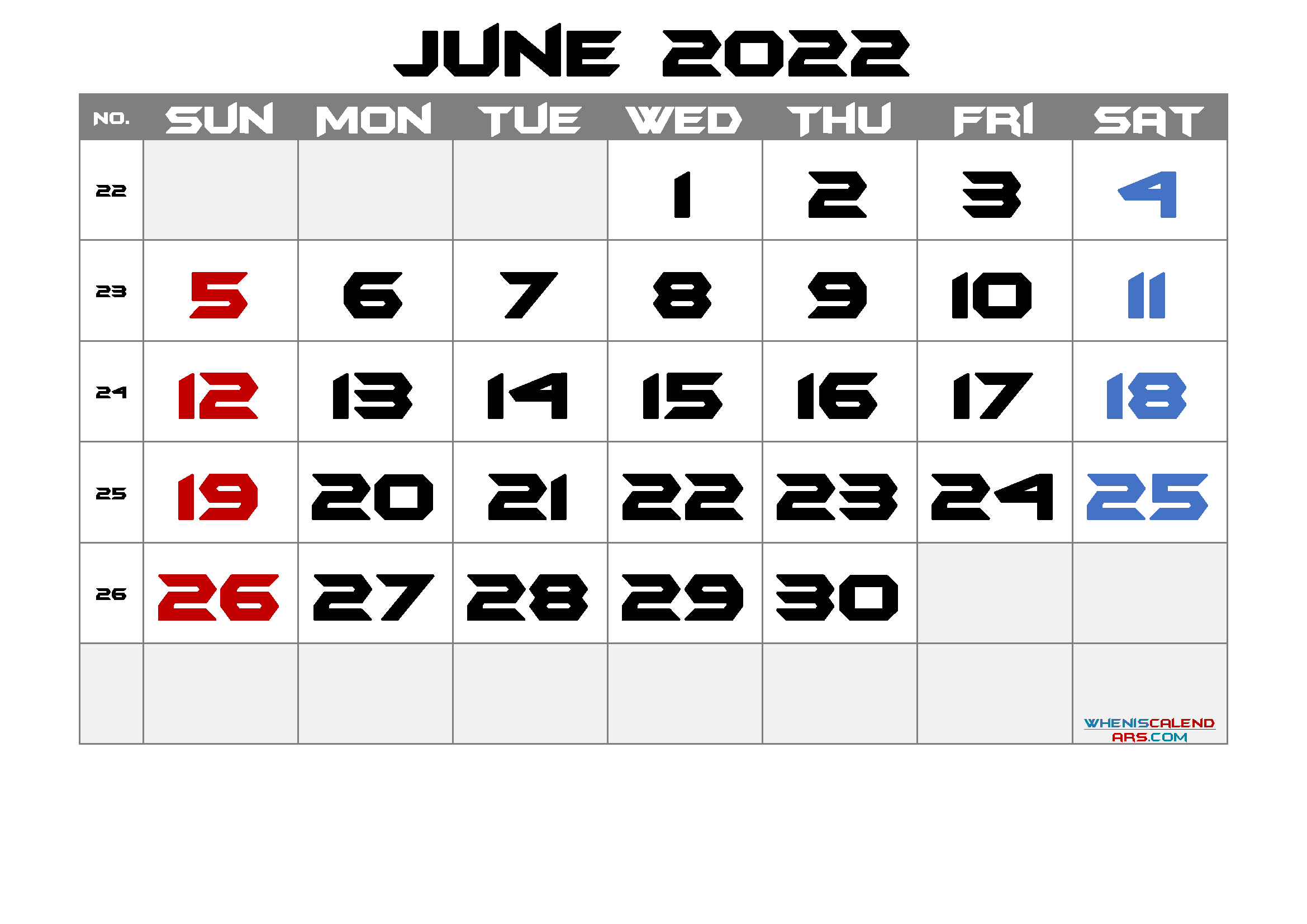 Free Printable Calendar June 2022 with Week Numbers as PDF and high resolution Image