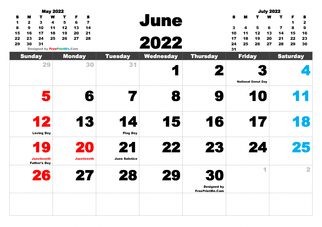 Download and print free Printable June 2022 Calendar with Holidays as PDF ans high resolution Image file format