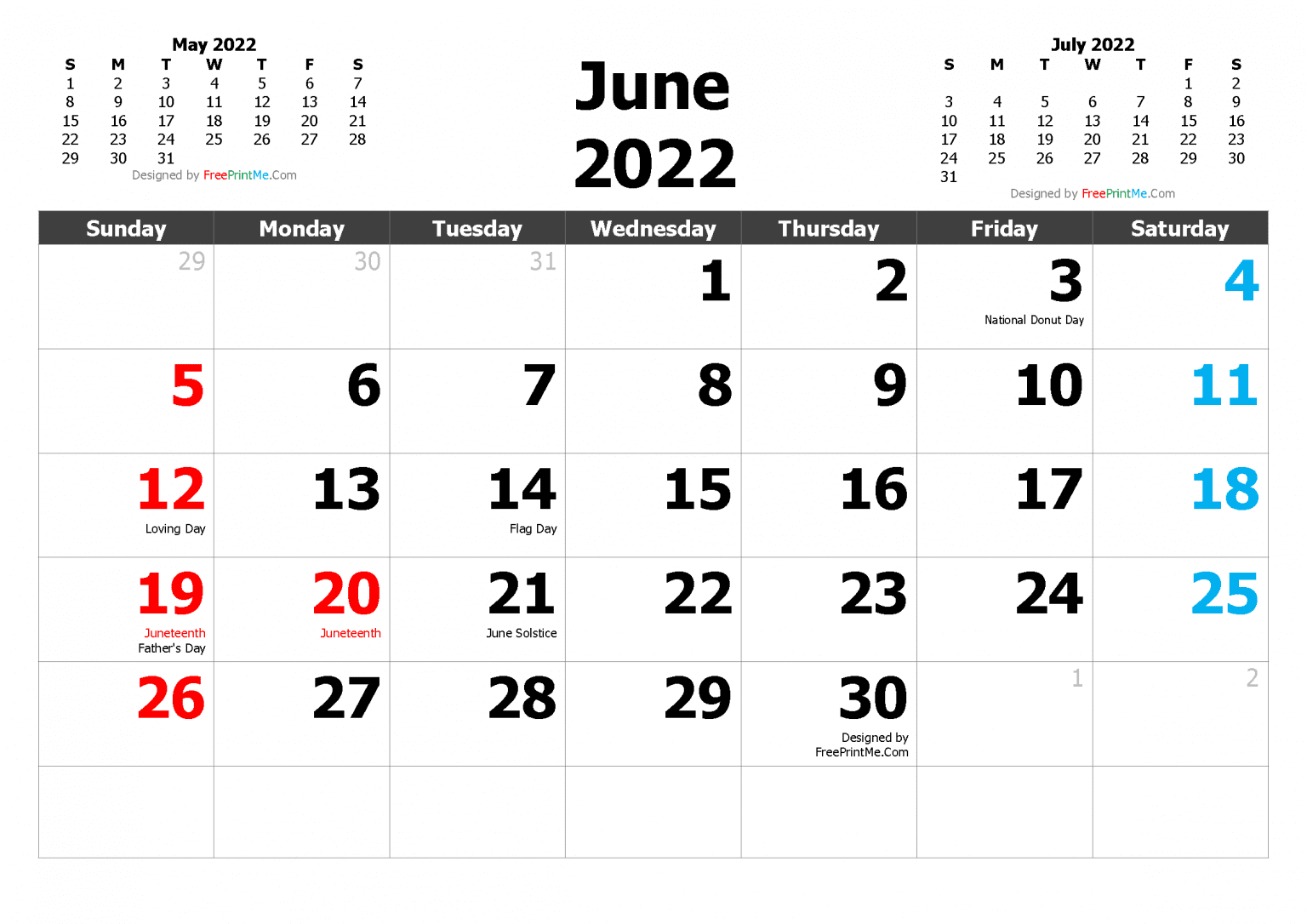 Free Printable June 2022 Calendar PDF PNG Image