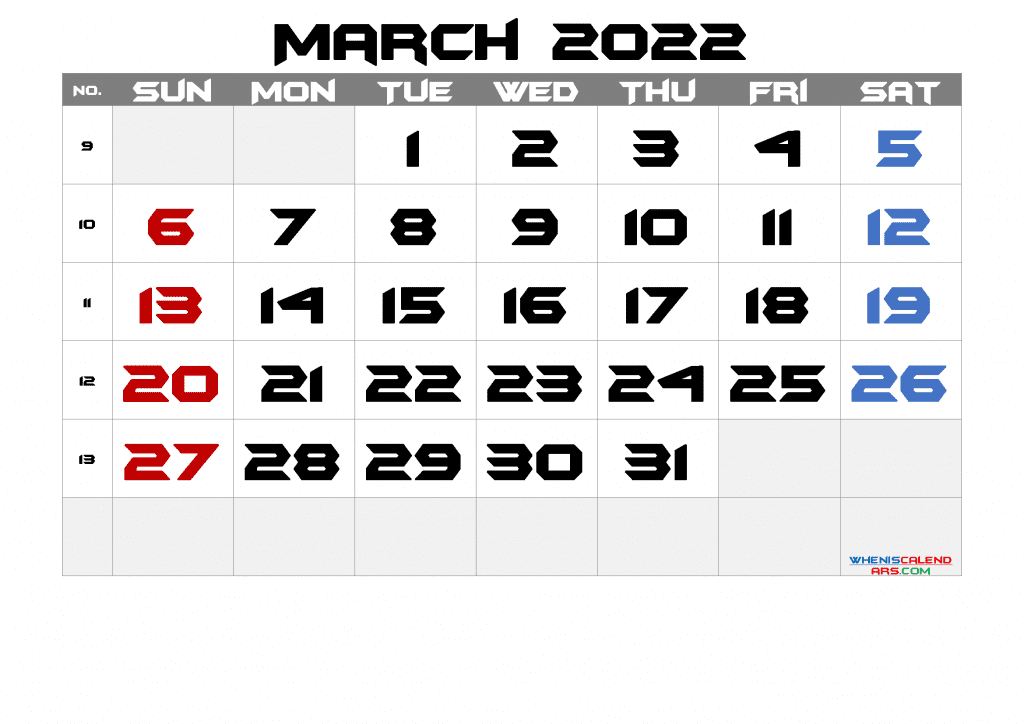 Download March 2022 Calendar Free Printable Monthly Calendar 2022 as PDF and high quality Image