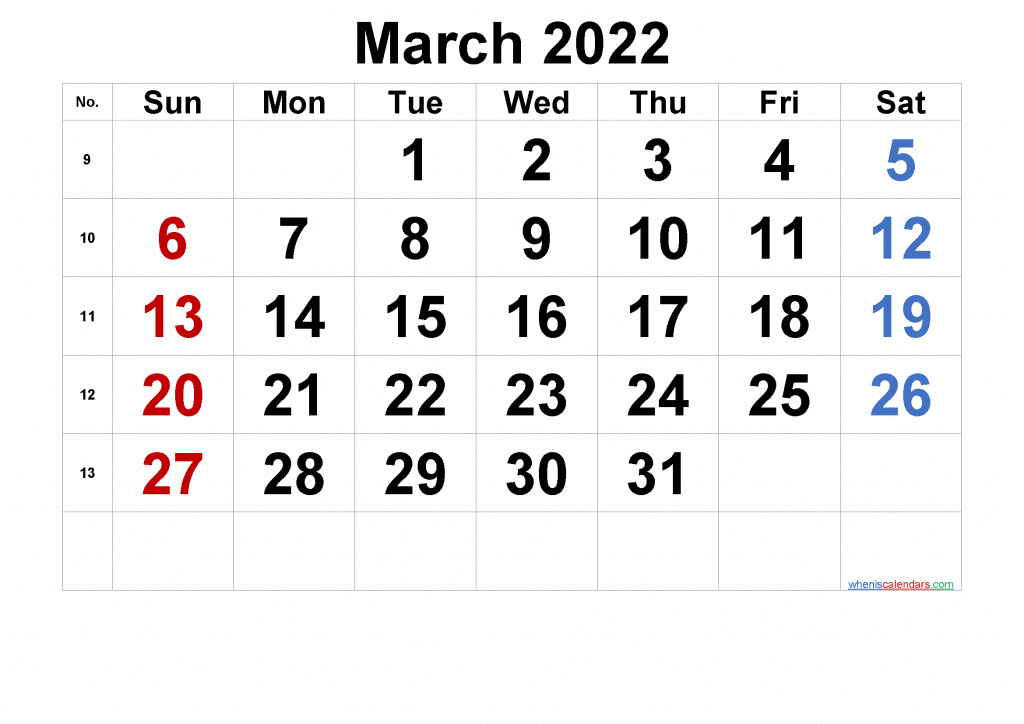 Free Printable Blank Calendar March 2022 PDF and Image