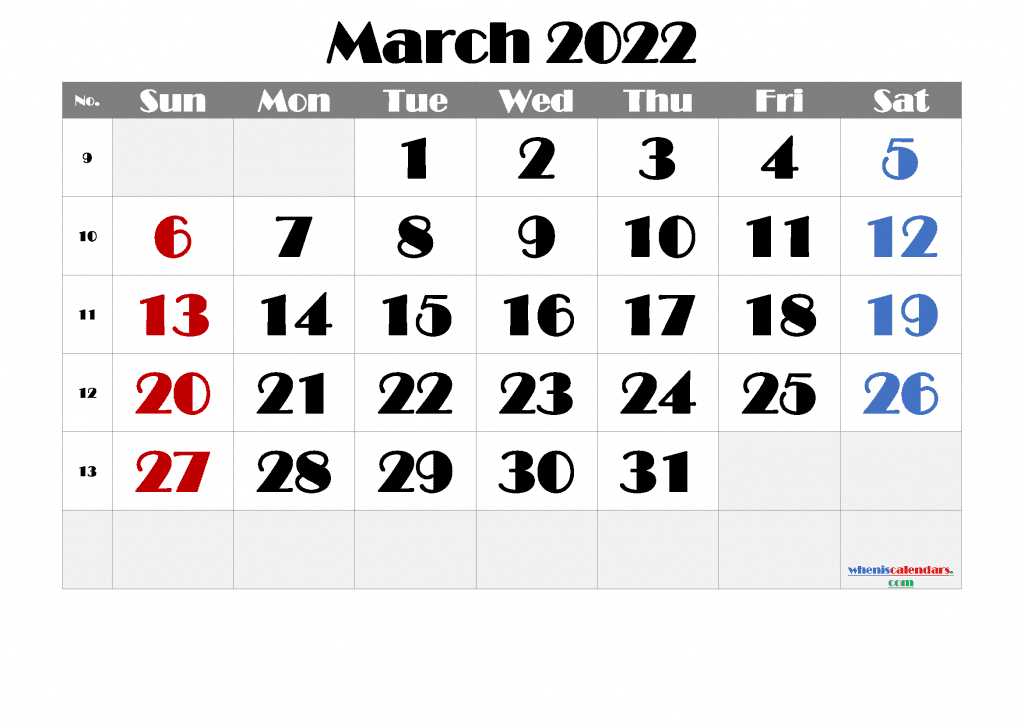 Free Printable Calendar March 2022 with Week Numbers